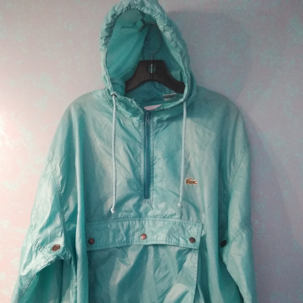 Y2K Izod Lacoste 1/4 Zip Pullover Teal Hooded Windbreaker Jacket Large